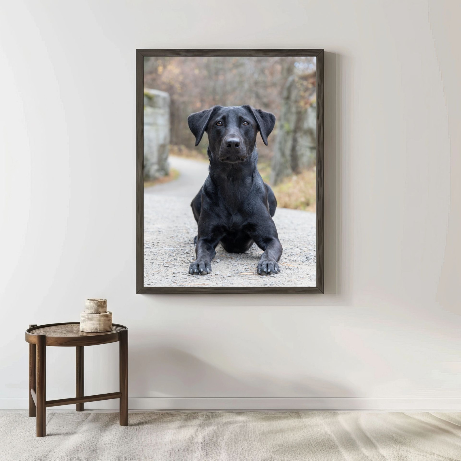 Metal print pet portrait displayed on wall