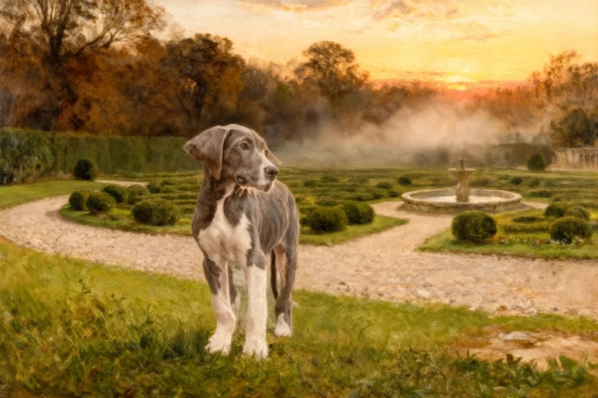 Art-tography dog portrait in a misty pastoral setting