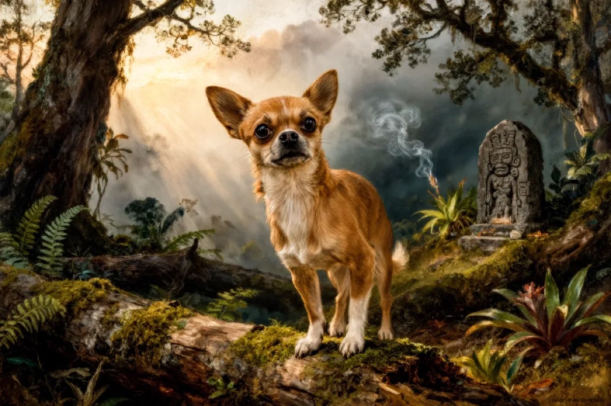 Art-tography dog portrait in a classical garden landscape