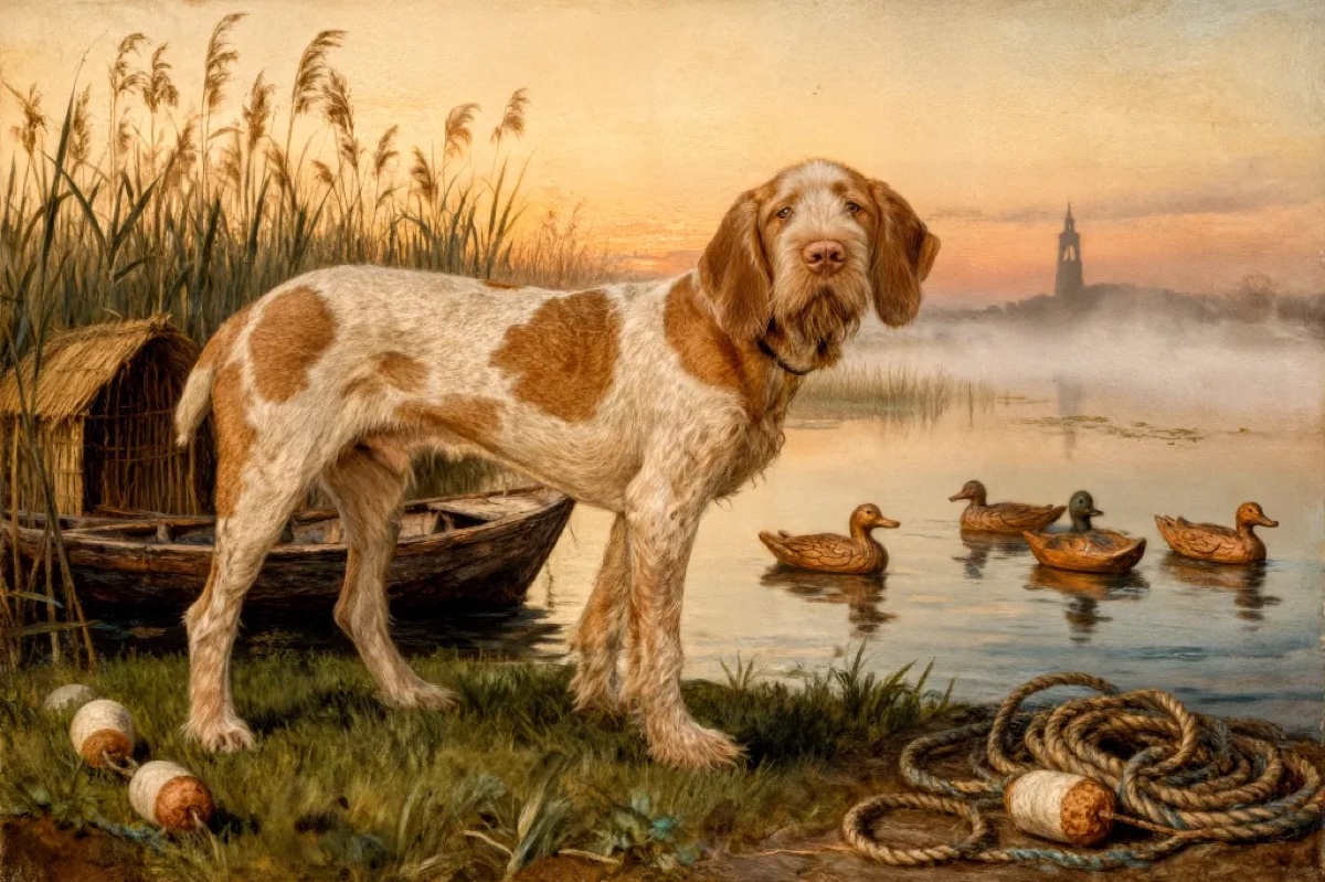 Art-tography dog portrait beside a tranquil lake at sunset
