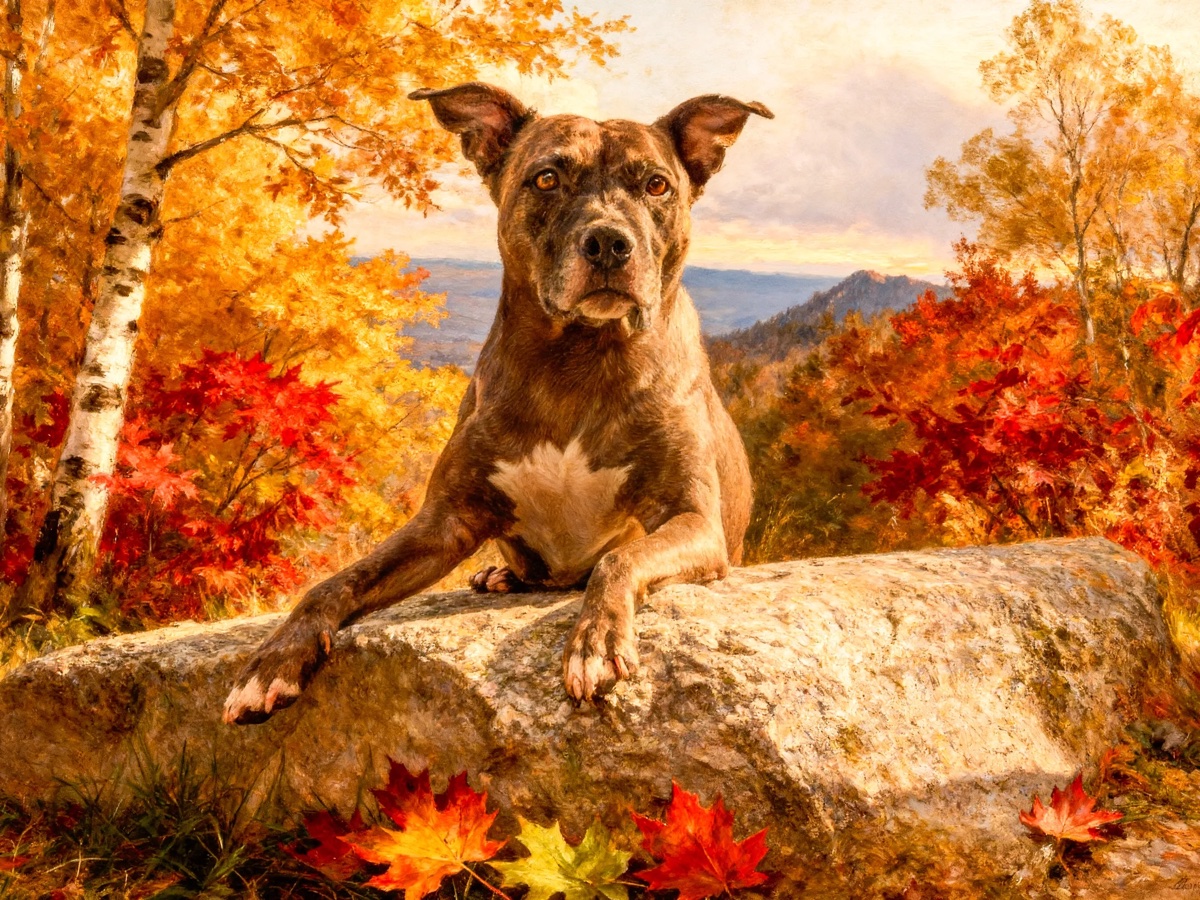 Art-tography dog portrait in a vivid autumn forest