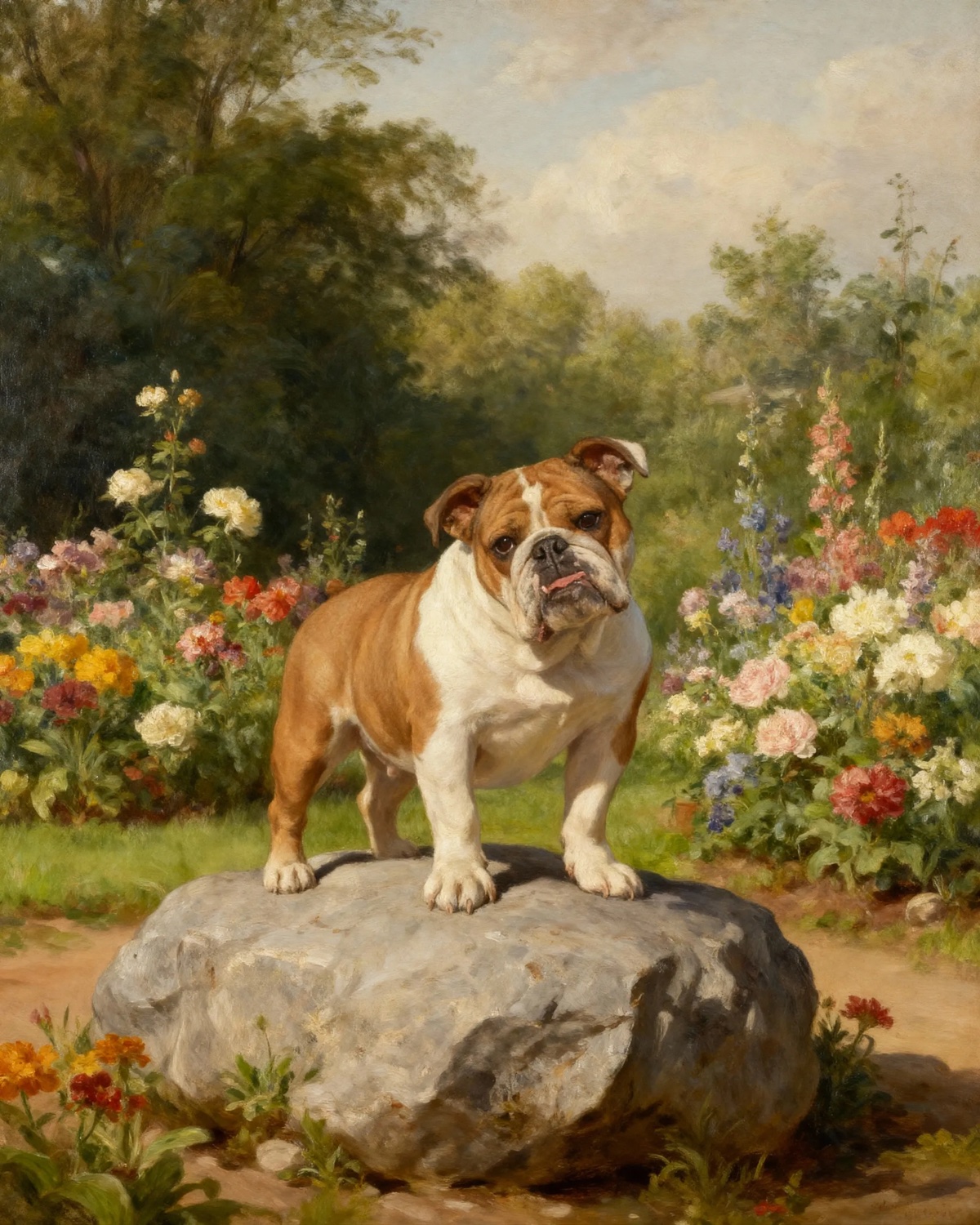 Art-tography dog portrait in a romantic floral garden
