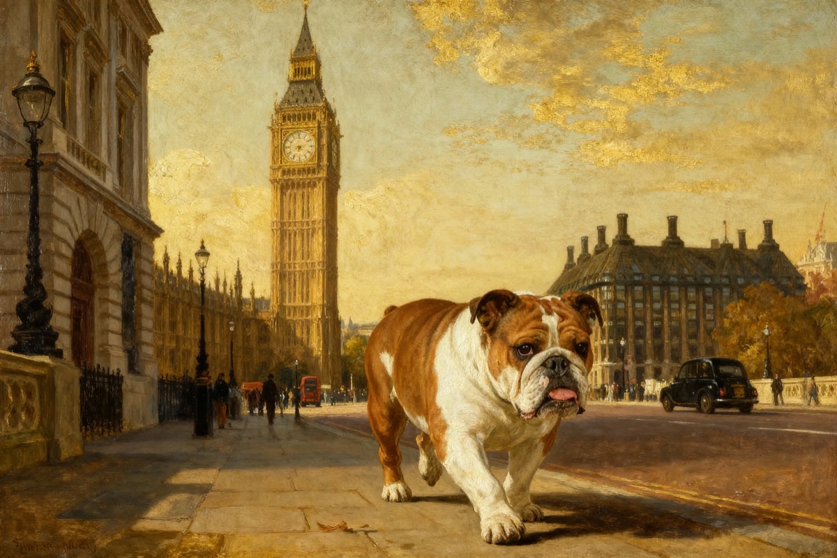 Art-tography dog portrait in a historic European city scene