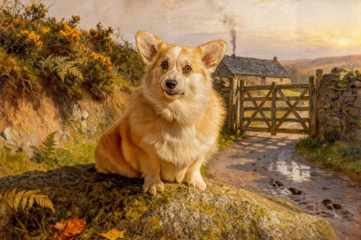 Art-tography dog portrait in a warmly lit countryside setting