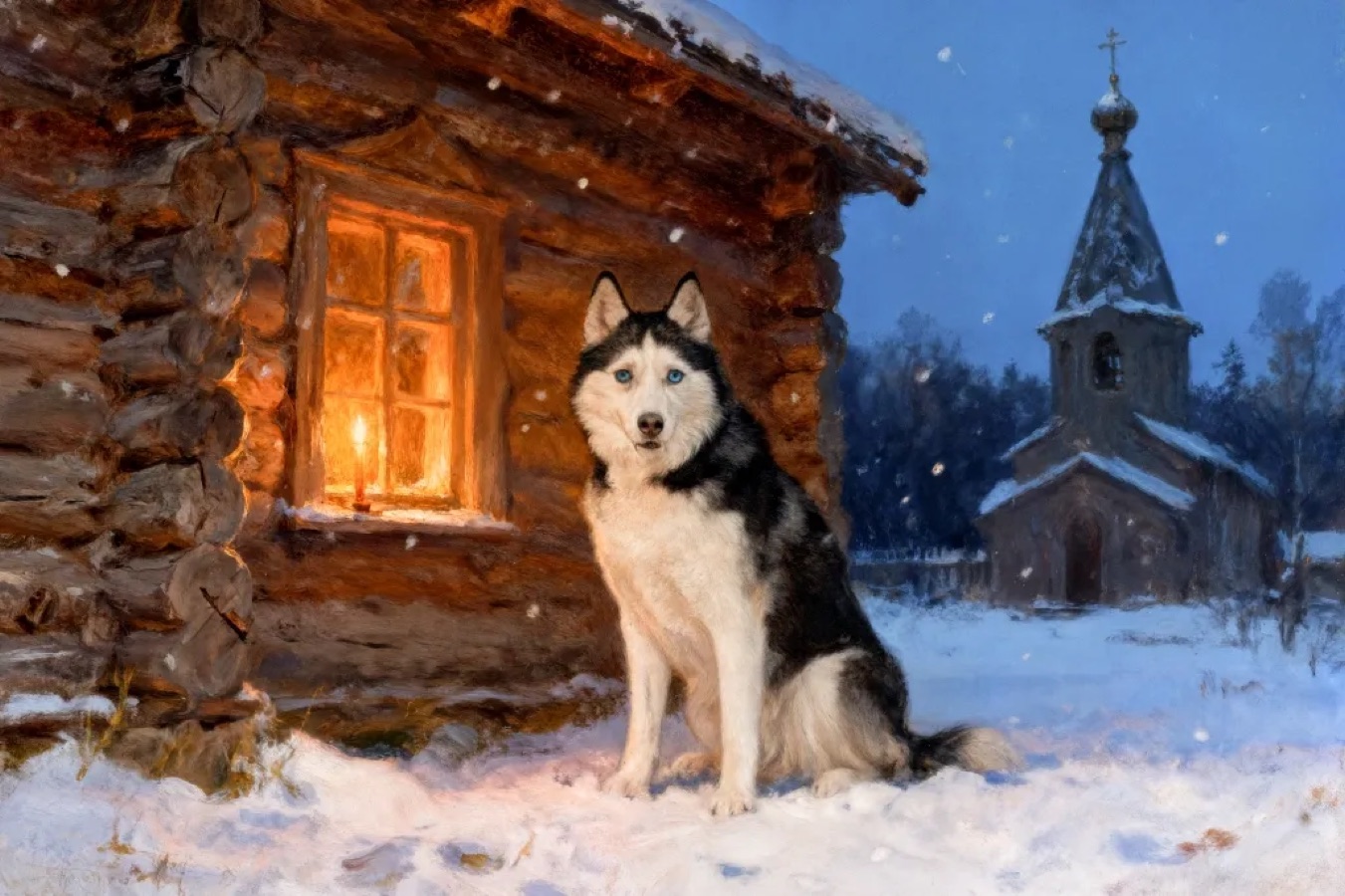 Husky transformed into an Old Masters-style painting in a snowy village scene.