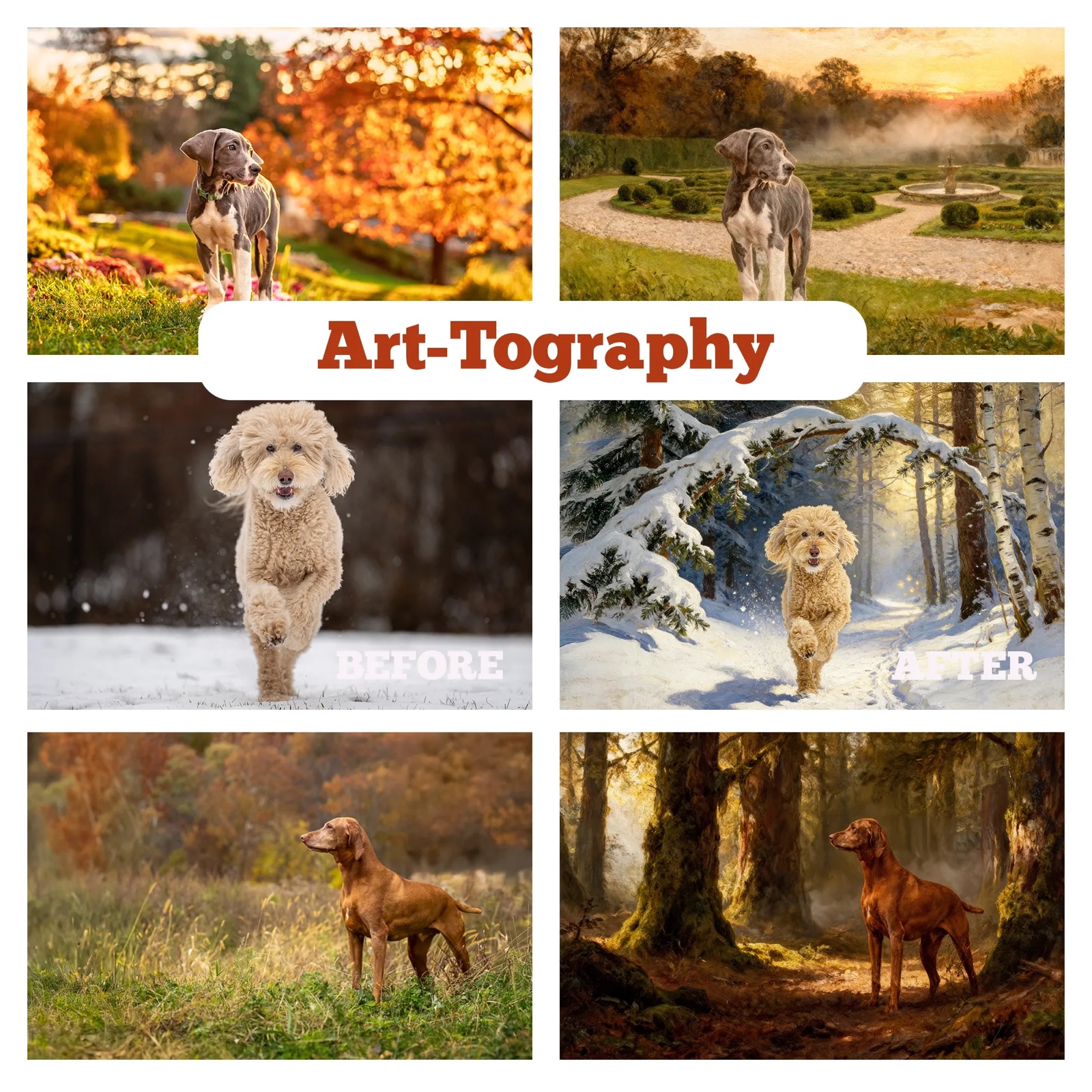 Art-Tography before-and-after grid: three dogs photographed in everyday settings transformed into Old Masters-style painted portraits.