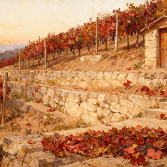 A painted vineyard scene with stone steps.