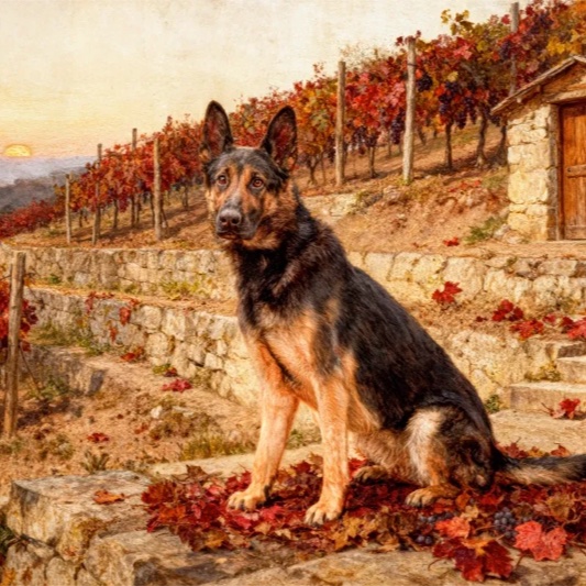 A German Shepherd seamlessly blended into the painted vineyard scene.