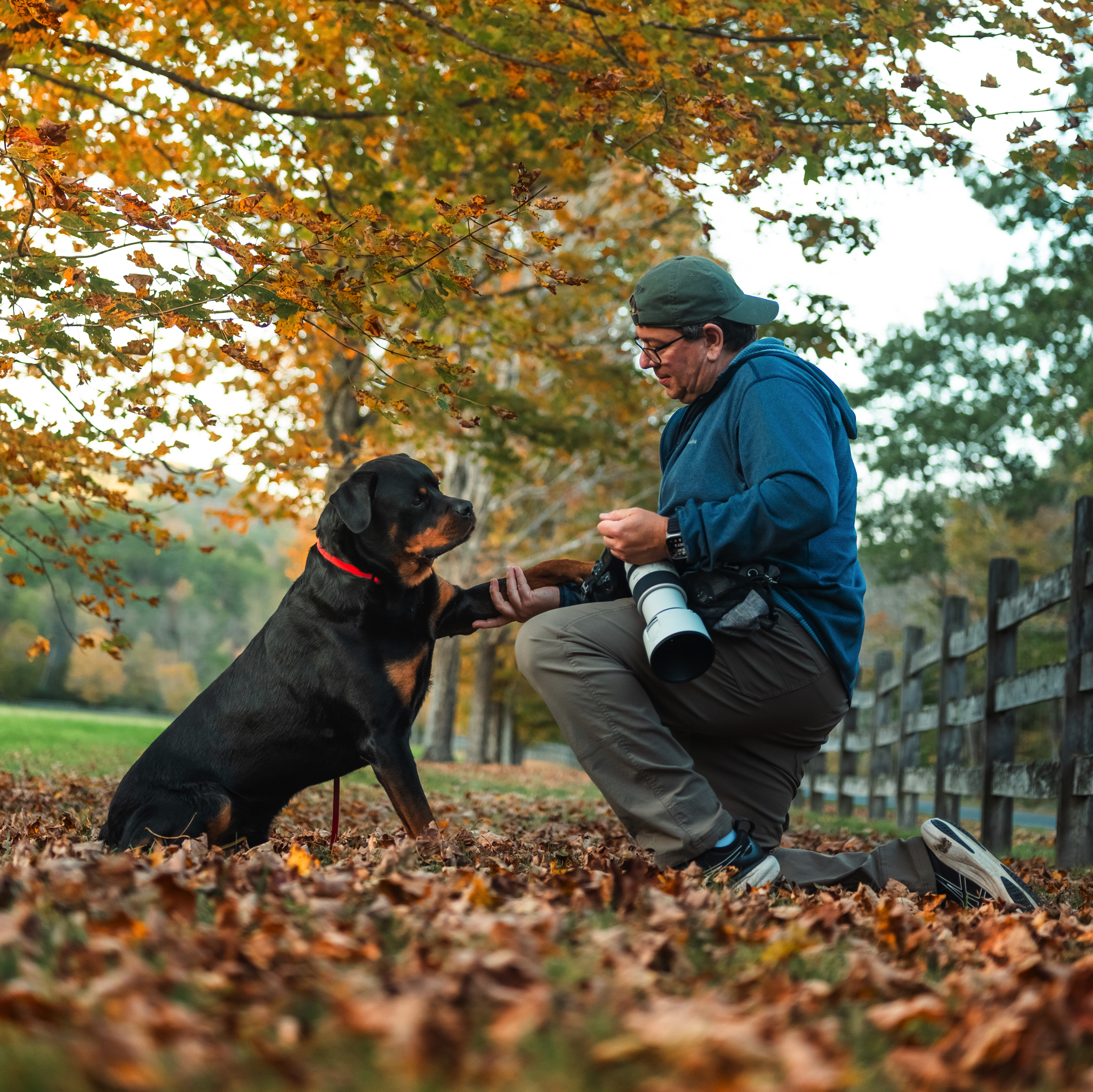 Dave Breen interacting with a dog during a photo session