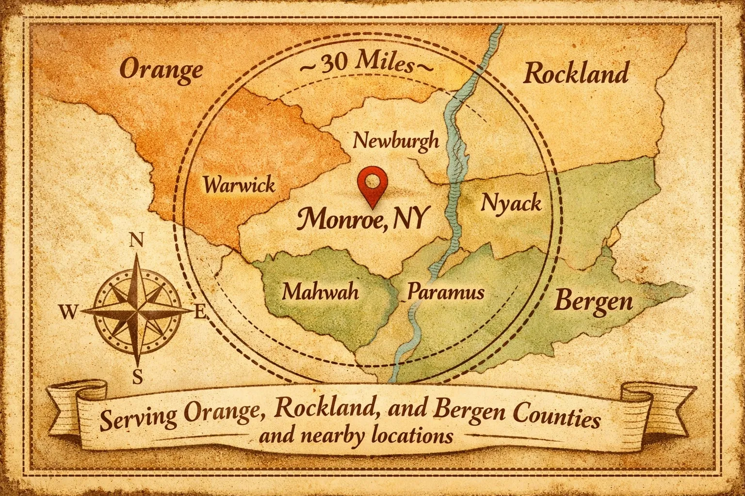 Breen Photo service area map — 30-mile radius around Monroe, NY covering Orange, Rockland, and Bergen Counties